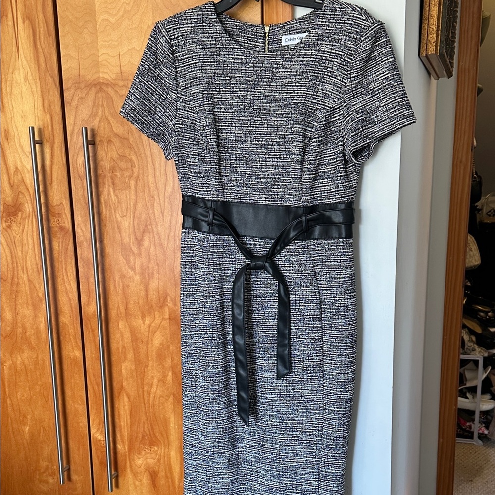 Calvin Klein Black and White Tweed Sheath Dress with Faux-Leather Belt